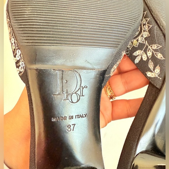 Christian Dior Retro Black Floral Sequin Koi Lock Key low heel Mules Vintage 37 - Picture 9 of 10